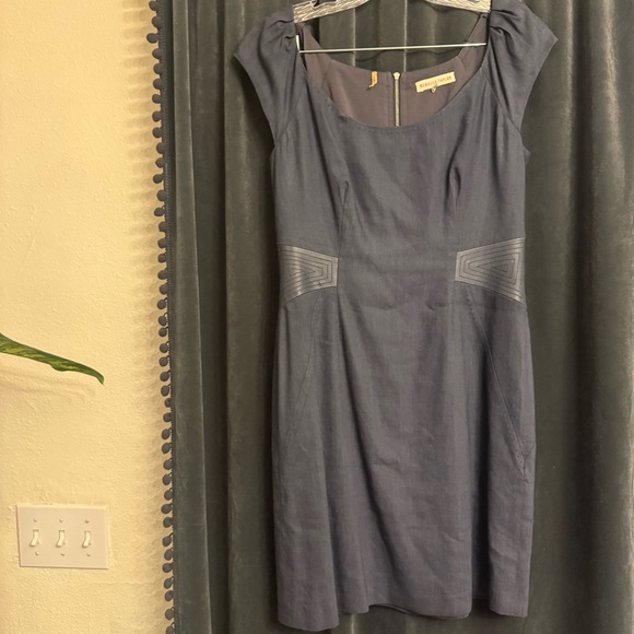 Rebecca Taylor Navy Linen Blend Dress with Lamb Leather Sides & Corset Back 10 - Picture 2 of 9